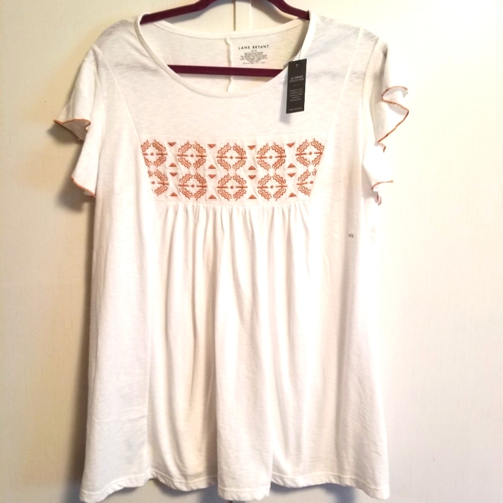 Lane Bryant flutter sleeve, crew neck swing Tee w/embroidery, NWT, size 14/16